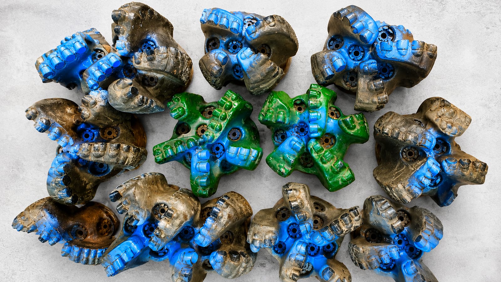 A set of PDC drill bits after refurbishment